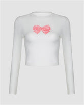 Bow Print Round Neck Long Sleeved T-shirt